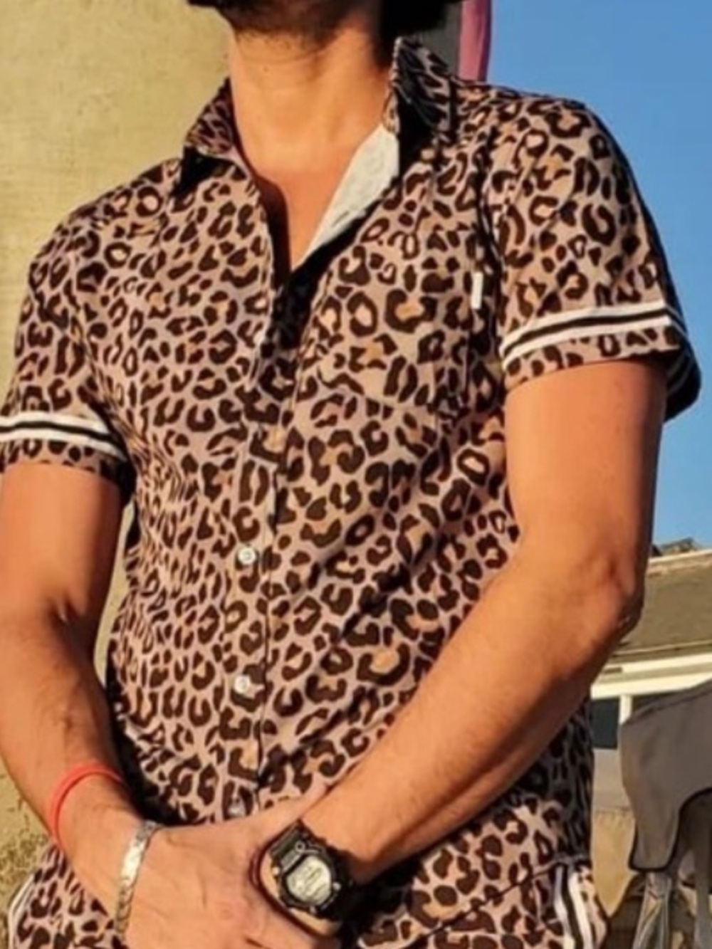 MAVRANS Men's Leopard Print Short Sleeve Button-Down Shirt - Brown